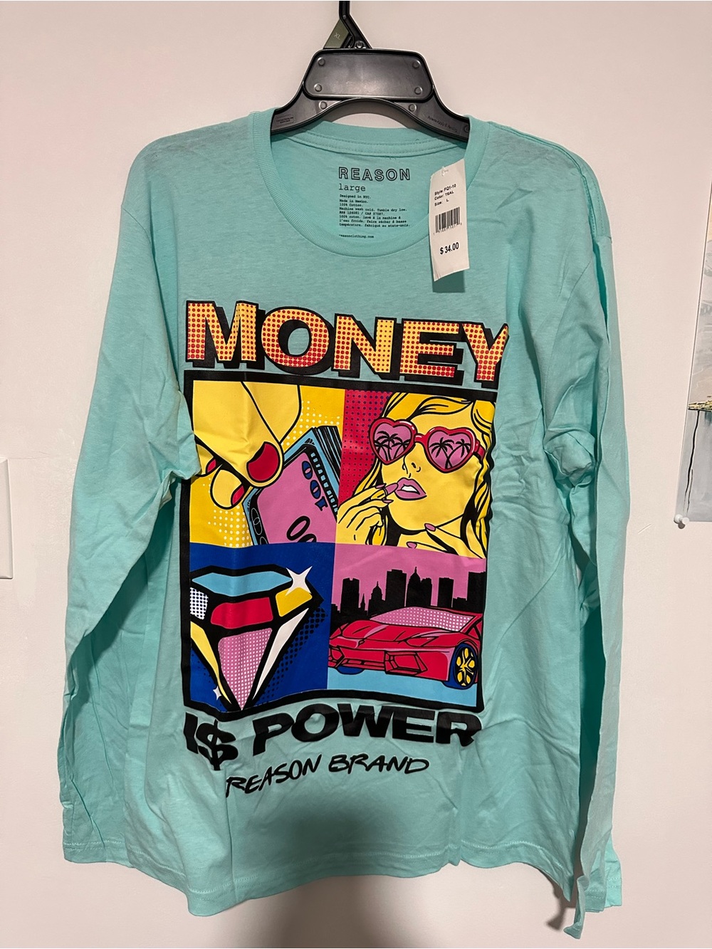 Reason Aqua Pop-Art "Money Power" Long Sleeve Tee